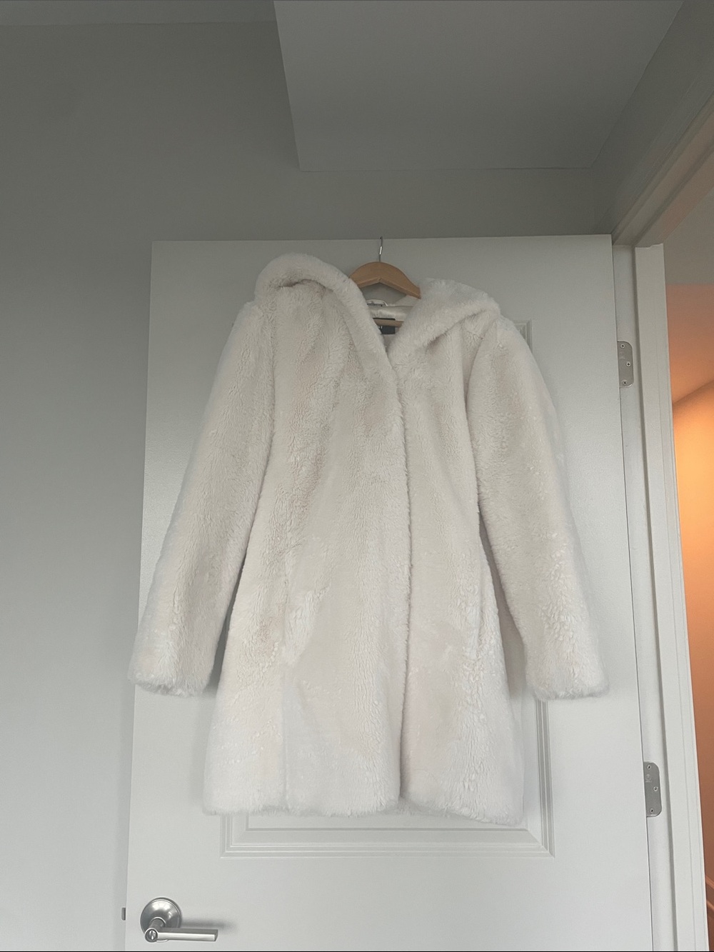 Rare $400 DKNY White Faux Fur Hooded Teddy Coat